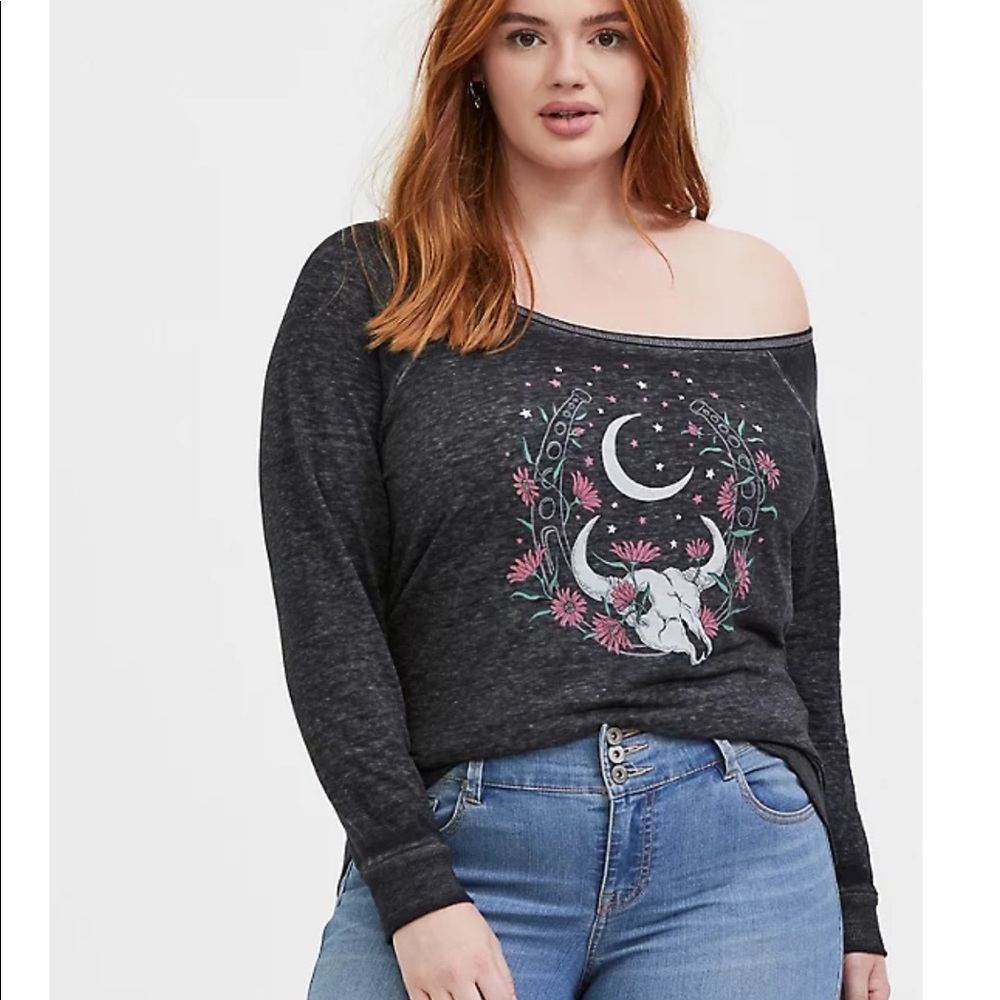 BLACK BURNOUT BULL SKULL & MOON OFF SHOULDER TOP